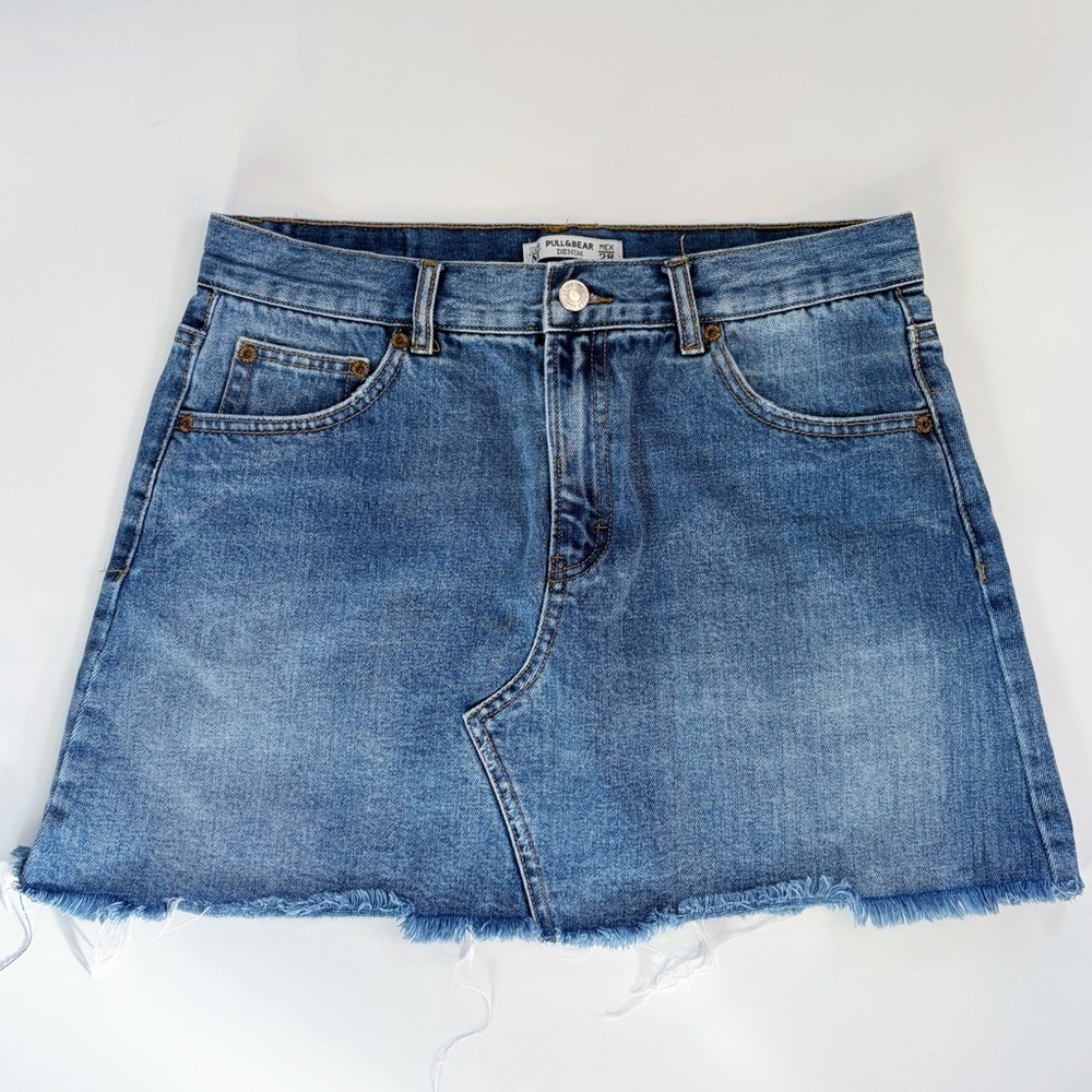 Pull&Bear Denim Mini Skirt Frayed Hem Asymmetrical Blue Medium